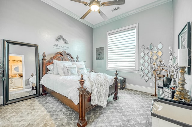 bedroom with crown molding, ceiling fan, connected bathroom, and carpet