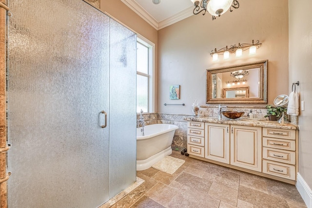 bathroom featuring ornamental molding, plus walk in shower, and vanity