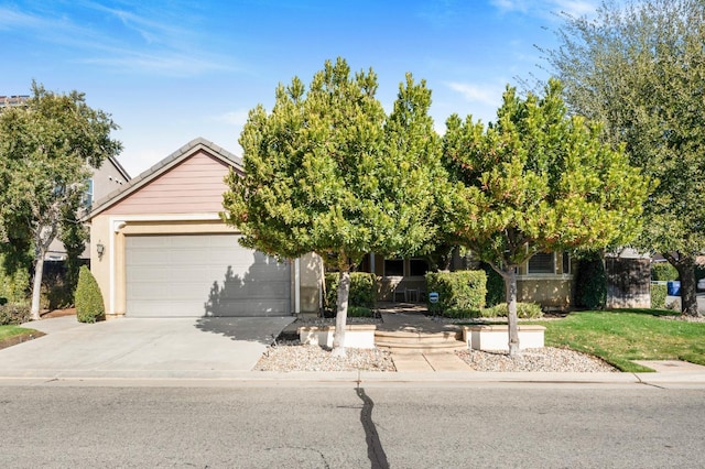 view of property hidden behind natural elements with a garage