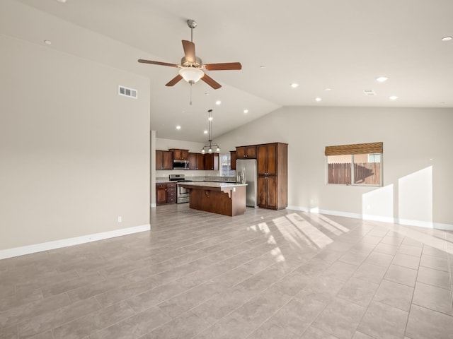 unfurnished living room featuring light tile patterned flooring, ceiling fan, and lofted ceiling