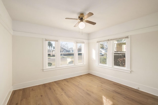 unfurnished room with ceiling fan and light hardwood / wood-style flooring