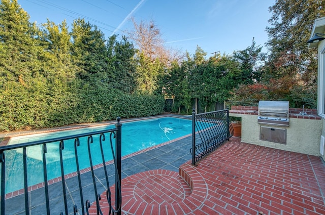 view of pool with area for grilling, exterior kitchen, and a patio