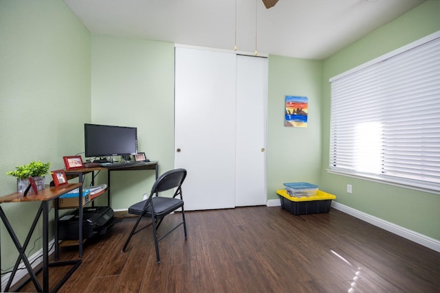 office space featuring dark wood-type flooring