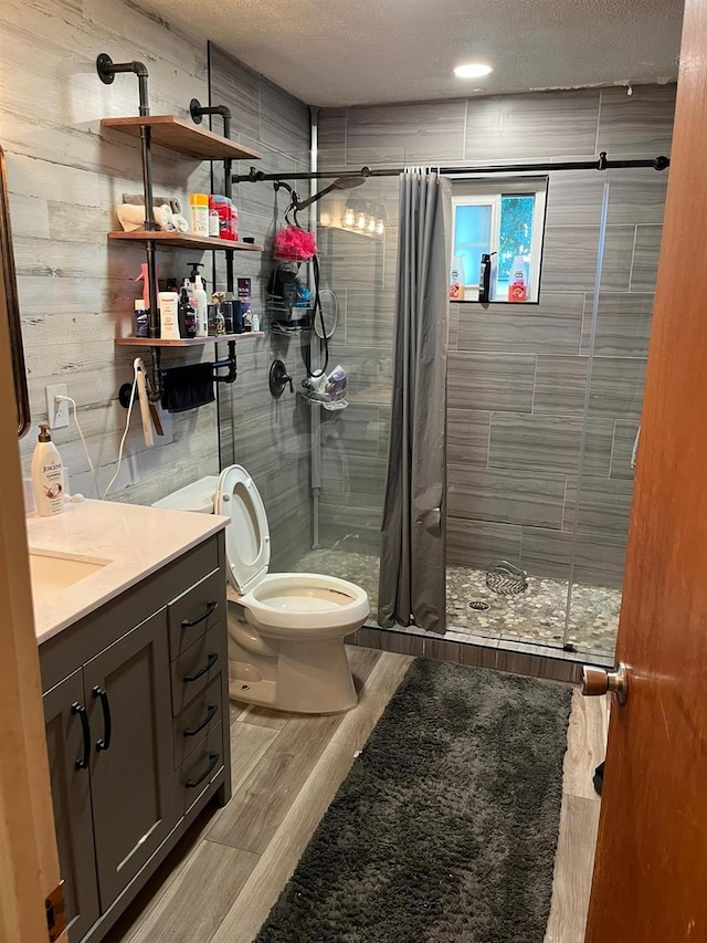 bathroom featuring vanity, a shower with curtain, a textured ceiling, and toilet