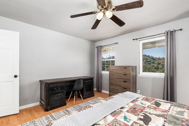 bedroom featuring ceiling fan and light hardwood / wood-style floors