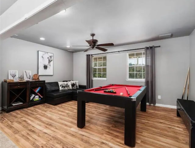 rec room featuring pool table, light hardwood / wood-style flooring, and ceiling fan