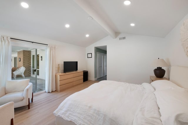 bedroom featuring vaulted ceiling with beams, light wood-type flooring, and access to outside