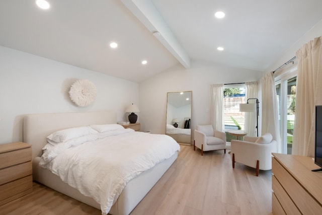 bedroom with vaulted ceiling with beams, access to outside, and light wood-type flooring