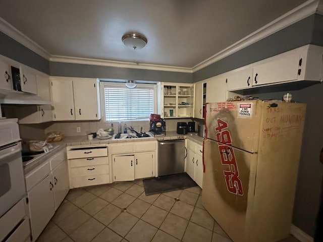 kitchen featuring white cabinetry, sink, crown molding, and white appliances