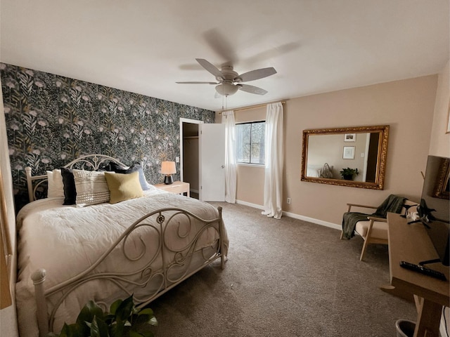 42959 Ranger Circle Ct, Coarsegold, CA 93614 - bedroom featuring baseboards, wallpapered walls, an accent wall, carpet, and ceiling fan