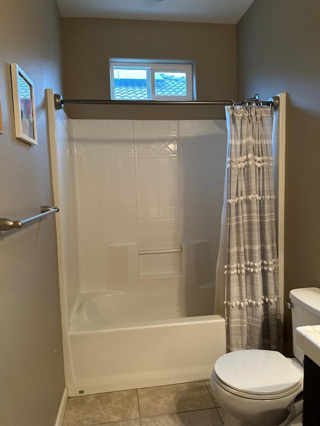 full bathroom featuring shower / tub combo with curtain, vanity, toilet, and tile patterned flooring