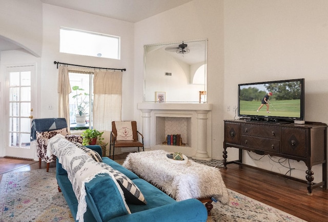 living room featuring dark wood-type flooring and high vaulted ceiling