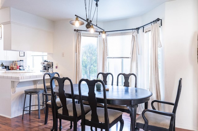 dining area with dark hardwood / wood-style flooring