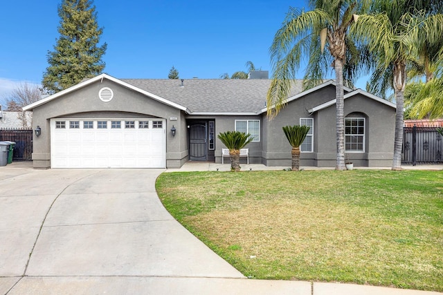 ranch-style house with a garage and a front yard