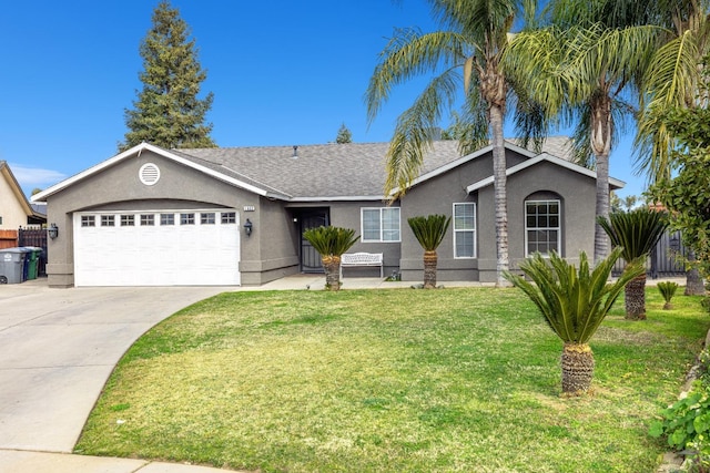 ranch-style house with a garage and a front yard