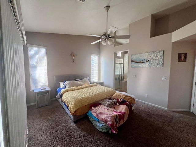 bedroom featuring carpet floors, connected bathroom, and ceiling fan