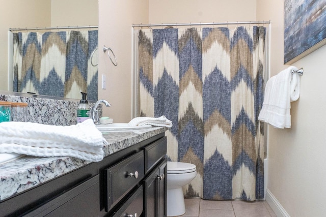 full bathroom featuring tile patterned flooring, vanity, shower / bath combination with curtain, and toilet