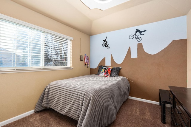 carpeted bedroom featuring vaulted ceiling