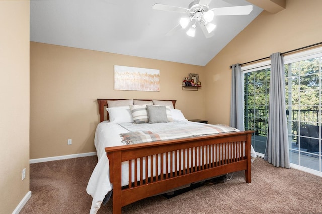 bedroom featuring ceiling fan, carpet flooring, access to exterior, and vaulted ceiling