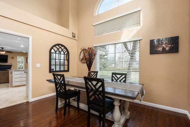 dining space featuring hardwood / wood-style floors, a towering ceiling, and a wealth of natural light