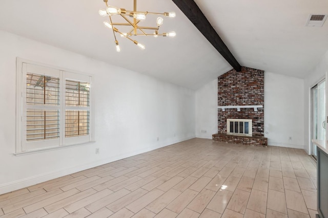 unfurnished living room featuring a brick fireplace, visible vents, vaulted ceiling with beams, and light wood finished floors