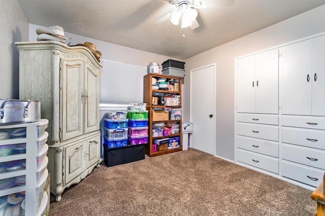 game room featuring ceiling fan, carpet, and a textured ceiling