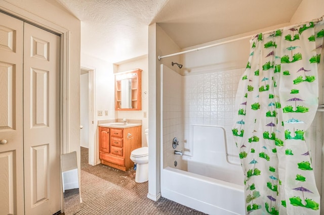 full bathroom with shower / bathtub combination with curtain, vanity, toilet, and a textured ceiling