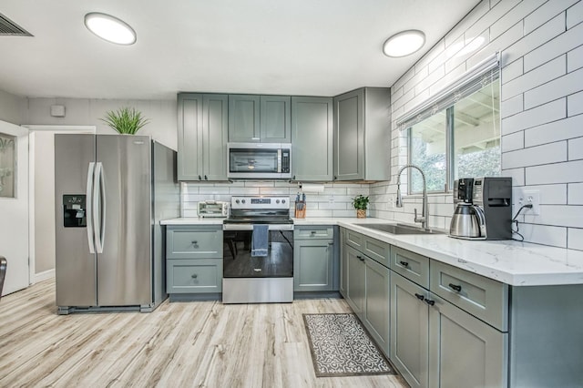 kitchen with appliances with stainless steel finishes, sink, backsplash, and light hardwood / wood-style flooring