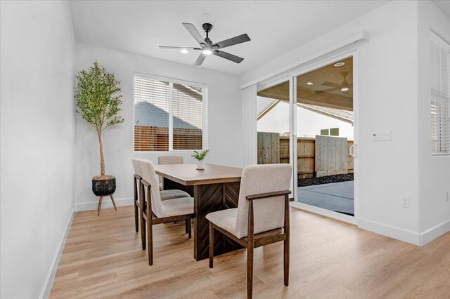 dining room featuring ceiling fan and light hardwood / wood-style floors