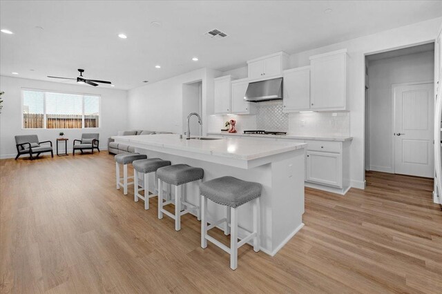 kitchen with a kitchen island with sink, sink, exhaust hood, and white cabinets