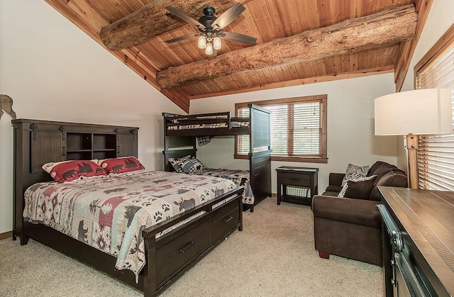 carpeted bedroom with wood ceiling, ceiling fan, and vaulted ceiling with beams