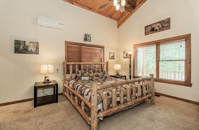carpeted bedroom featuring ceiling fan, a wall mounted air conditioner, high vaulted ceiling, and wooden ceiling