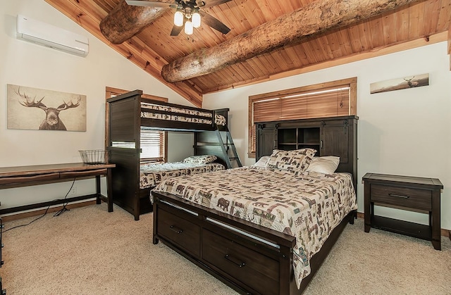 bedroom featuring lofted ceiling with beams, light colored carpet, wooden ceiling, and a wall unit AC