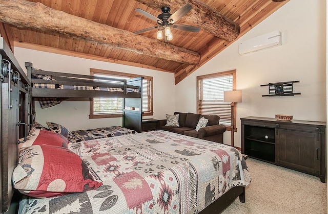 bedroom with wood ceiling, ceiling fan, a wall unit AC, carpet, and lofted ceiling with beams