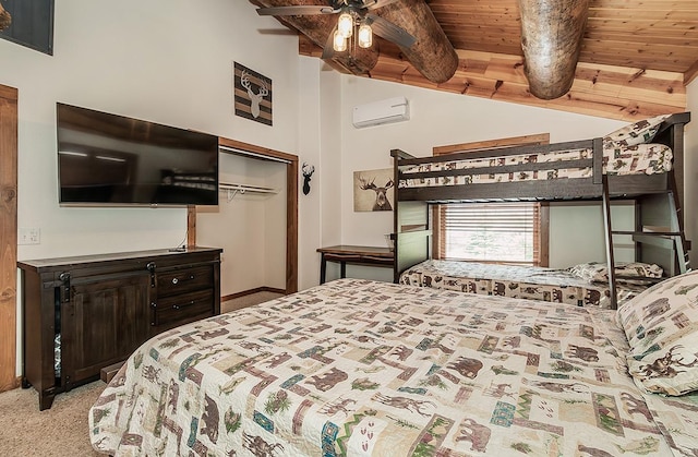 bedroom featuring wood ceiling, a wall mounted AC, lofted ceiling with beams, light carpet, and a closet