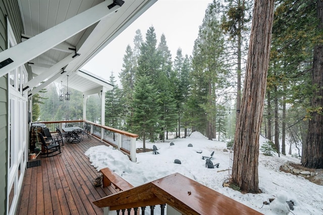 view of snow covered deck