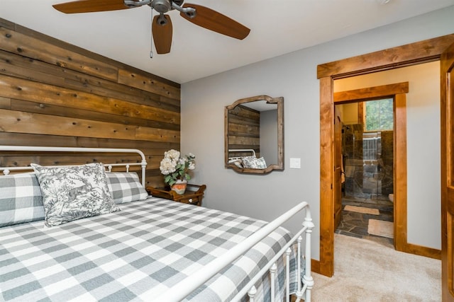 bedroom with light carpet and ceiling fan