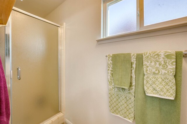 bathroom featuring a shower with door