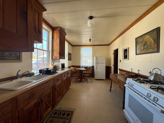 kitchen with crown molding, sink, and white appliances