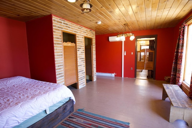 bedroom with wood-type flooring, a baseboard heating unit, a chandelier, and wooden ceiling