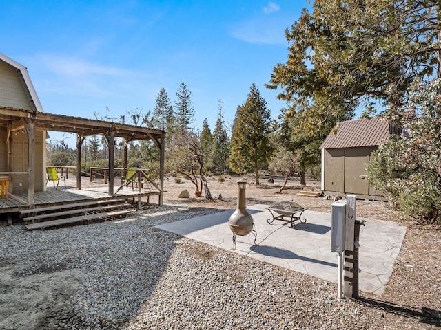 view of yard with a deck, a patio, and a storage unit