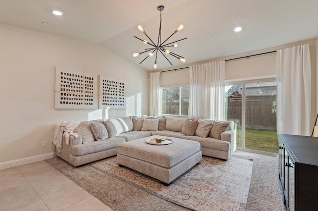 tiled living room featuring vaulted ceiling and a notable chandelier