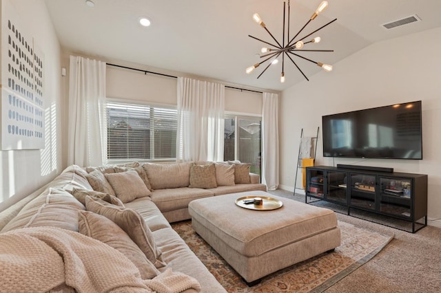 carpeted living room featuring lofted ceiling and a chandelier