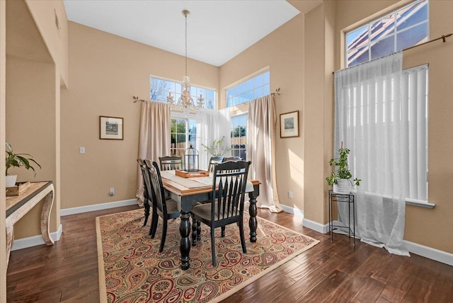 dining area featuring dark wood-type flooring and a chandelier