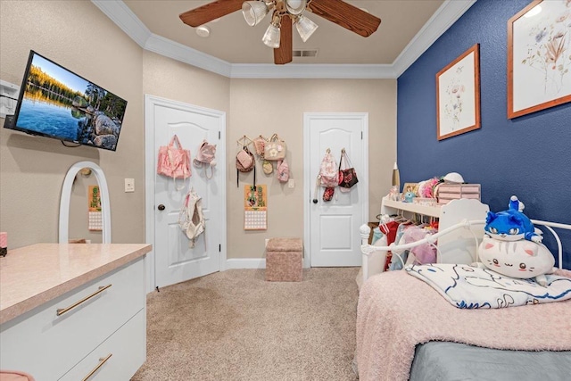 bedroom featuring ceiling fan, light colored carpet, and ornamental molding