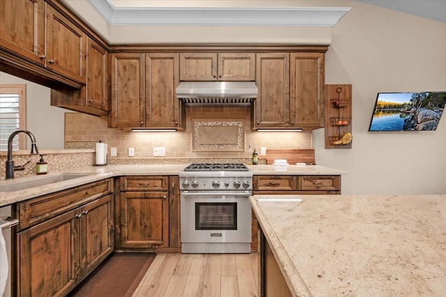 kitchen featuring sink, backsplash, light hardwood / wood-style floors, and appliances with stainless steel finishes