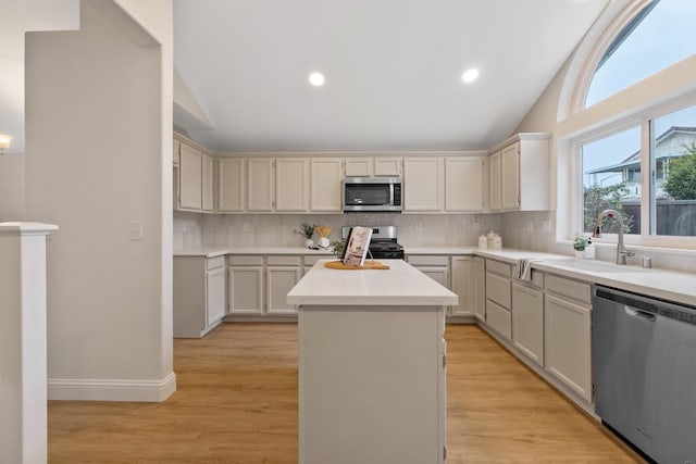 kitchen with tasteful backsplash, stainless steel appliances, a center island, and light hardwood / wood-style floors