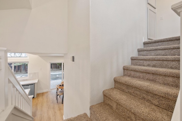 staircase with hardwood / wood-style floors