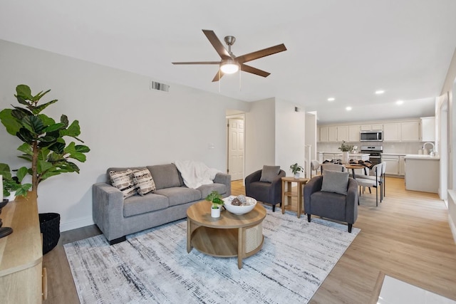 968 E Muncie, Fresno, CA 93720 - living room featuring light wood-style flooring, visible vents, baseboards, ceiling fan, and recessed lighting