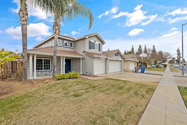 front facade with a garage and a front lawn